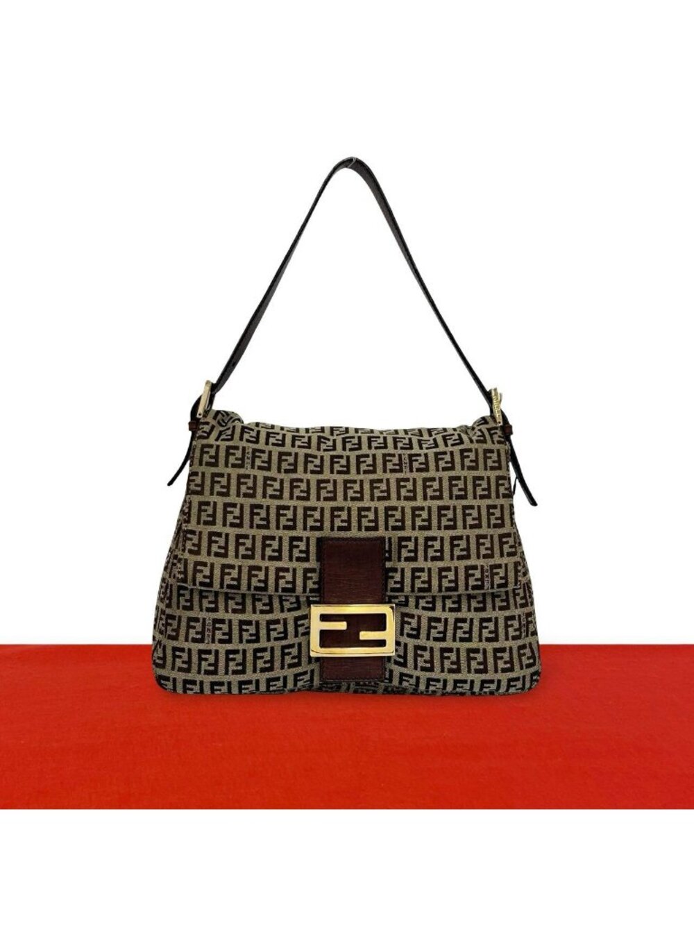 Fendi Vintage Mamma Bucket Zucchino FF Pattern Canvas Leather Shoulder Bag Brown